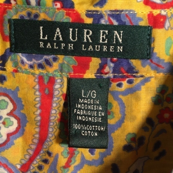 LAUREN RALPH LAUREN 100% Cotton BRIGHT YELLOW PAISLEY Button-down, NWOT, Size L - Picture 3 of 7